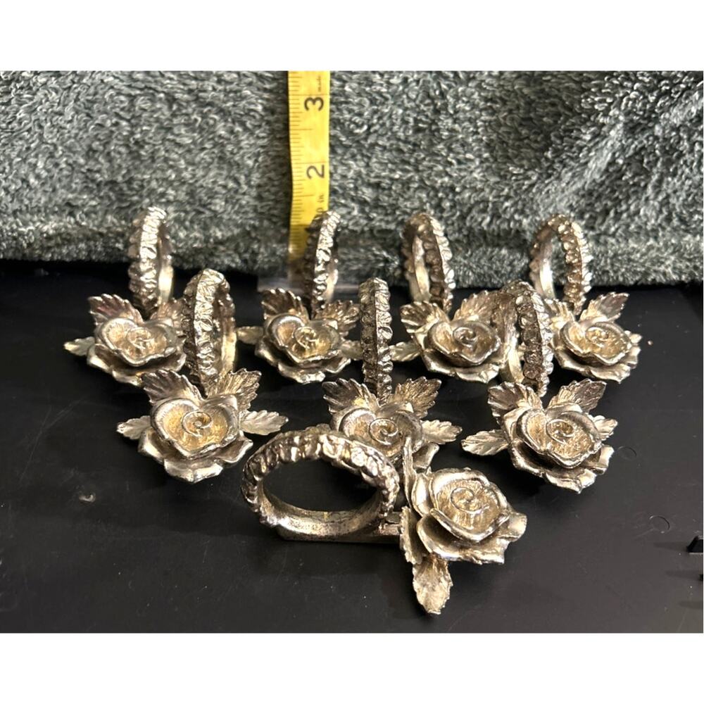 c1970 Princess House Chrome Plated Pewter Rose Napkin Rings Place Holders